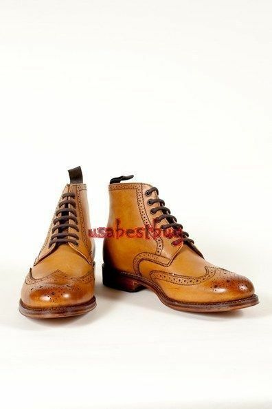 New Handmade Brogue Style Genuine Leather Boots, Men Light Brown Ankle Boots