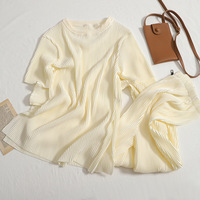 New Style Round Neck T-shirt Top High Waist Split Wide Leg Pants Two Piece Set - Thumbnail 4