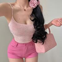 Lace patchwork mask T-shirt irregular top hot girl tight waist short sleeve - Thumbnail 2