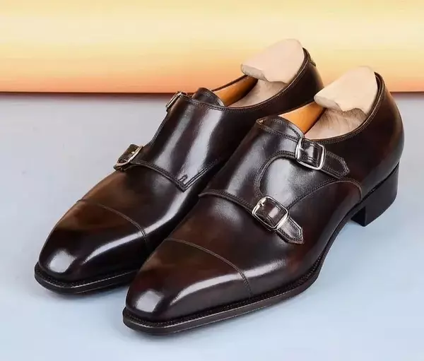 Handmade Men's Dark Brown Cowhide Leather Double Monk Chisel Toe Dress Shoes