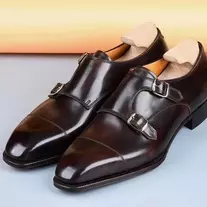 Handmade Men's Dark Brown Cowhide Leather Double Monk Chisel Toe Dress Shoes