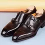 Handmade Men's Dark Brown Cowhide Leather Double Monk Chisel Toe Dress Shoes-1