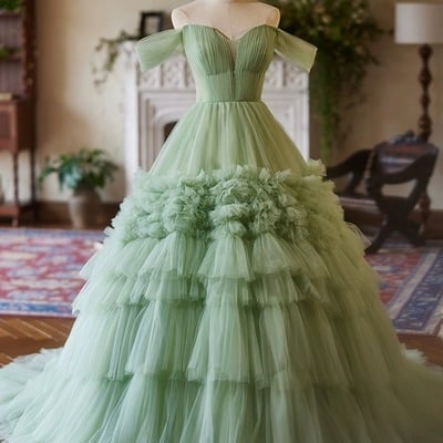 A-line green tulle long party dress, off the shoulder formal evening dress - Thumbnail 1