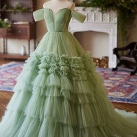 A-Line Green Tulle Long Party Dress, Off the Shoulder Formal Evening Dress - Thumbnail 3