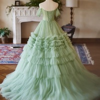 A-Line Green Tulle Long Party Dress, Off the Shoulder Formal Evening Dress - Thumbnail 4