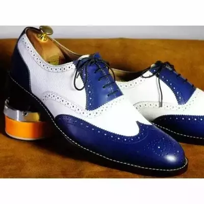 New handmade men's blue white brogue leather wingtip lace up oxford dress shoes