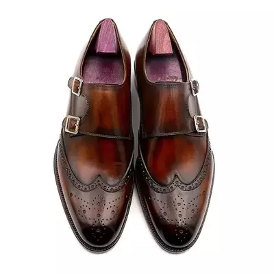 New handmade men's brown brogue leather double monk wingtip formal dress shoes