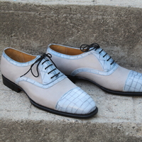 Crafted Leather Classic Gray Crocodile/Alligator Oxford Lace up Dress Shoes - Thumbnail 1