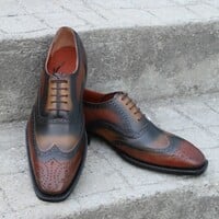 Crafted Leather Classic Green Brown Patina Leather Wingtip Oxford Lace up Dress Shoes - Thumbnail 1