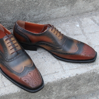 Crafted Leather Classic Green Brown Patina Leather Wingtip Oxford Lace up Dress Shoes - Thumbnail 3