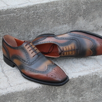 Crafted Leather Classic Green Brown Patina Leather Wingtip Oxford Lace up Dress Shoes - Thumbnail 4