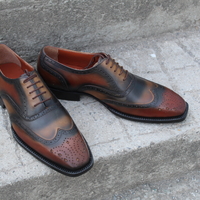 Crafted Leather Classic Green Brown Patina Leather Wingtip Oxford Lace up Dress Shoes - Thumbnail 5