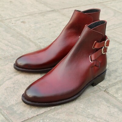 Crafted leather bespoke dress shoes burgundy leather double buckle jodhpur boot