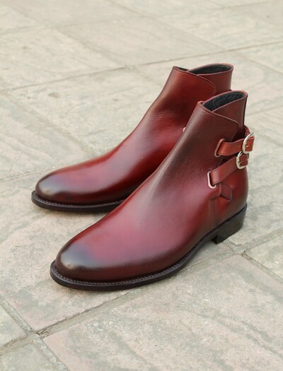 Crafted Leather Bespoke Dress Shoes Burgundy Leather Double Buckle Jodhpur Boot