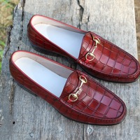 Burgundy Color Crocodile Texture Horse bit Loafers Dress Shoes - Thumbnail 1