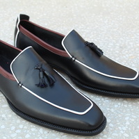 Crafted Leather Black Calf Leather Tassel Loafers Dress Shoes - Thumbnail 1