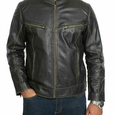 Classic men's lamb leather real leather jacket biker motorcycle slim fit black c