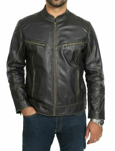 Classic men's lamb leather real leather jacket biker motorcycle slim fit black c