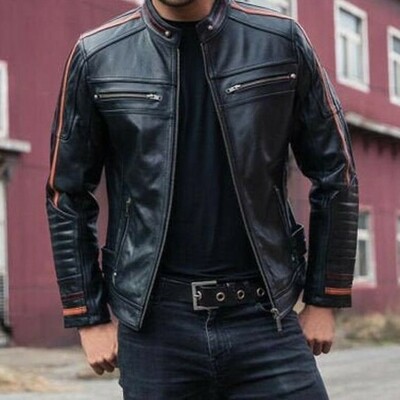 Men’s biker vintage motorcycle distressed black cafe racer genuine leather jacke