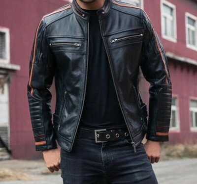 Men’s Biker Vintage Motorcycle Distressed Black Cafe Racer Genuine Leather Jacke