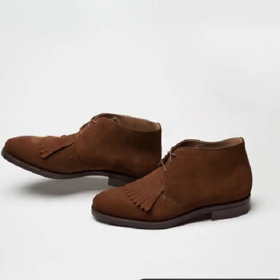 Suede leather rounded toe chukka brown tone men lace up oxford party wear boots