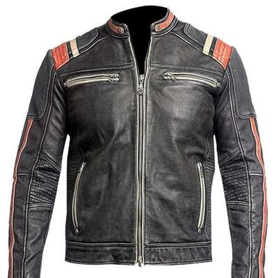Herren CafeRacer Retro 3,Vintage Motorrad Schwarz Jacke,Distressed 100% Leder,Bi