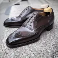 Handmade Men's Dark Brown Leather Oxford Lace Up Chiseled Toe Dress Formal Shoes - Thumbnail 1