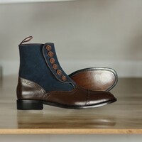 Men's Handmade Ankle High Navy Blue & Brown Leather Suede Button Boot - Thumbnail 3
