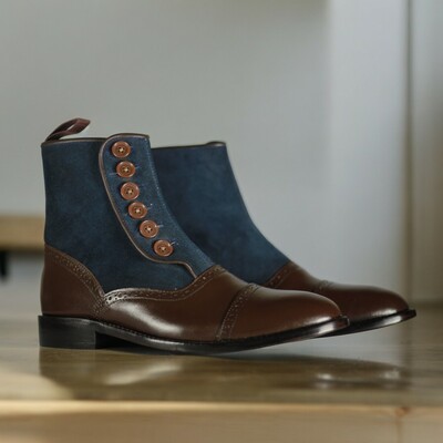 Ankle high handmade navy blue & brown leather suede boot, men's luxury boot - Thumbnail 1
