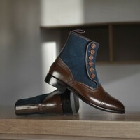 Ankle High Handmade Navy Blue & Brown Leather Suede Boot, Men's Luxury Boot - Thumbnail 1