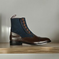 Ankle High Handmade Navy Blue & Brown Leather Suede Boot, Men's Luxury Boot - Thumbnail 2
