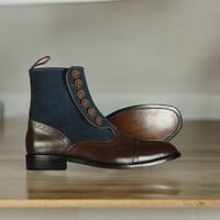 Ankle High Handmade Navy Blue & Brown Leather Suede Boot, Men's Luxury Boot - Thumbnail 3