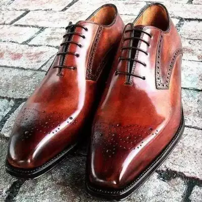 Handmade men's brown leather oxford chiseled toe lace up dress formal shoes