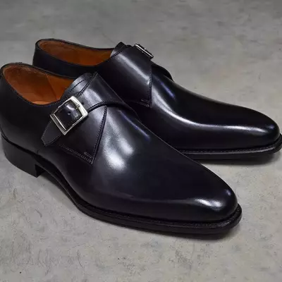 Handmade men's black leather monk plain round toe oxford dress formal shoes