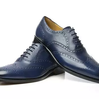 New handmade men navy blue brogue leather oxford wingtip dress shoes for men