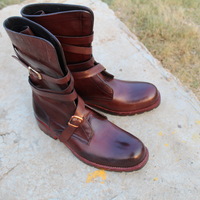 Crafted Leather Bespoke Dress Shoes Burgundy Leather Ankle High Jodhpur Buckle Strap Boot - Thumbnail 2