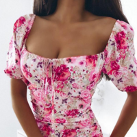 Women'S Floral Bubble Sleeved Tight Fitting Dress - Thumbnail 1