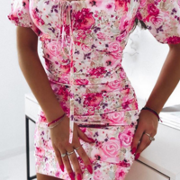 Women'S Floral Bubble Sleeved Tight Fitting Dress - Thumbnail 2