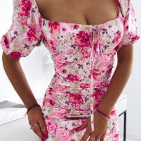 Women'S Floral Bubble Sleeved Tight Fitting Dress - Thumbnail 3