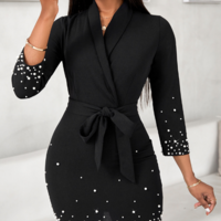Black Nail Beads Long Sleeved Dress - Thumbnail 1