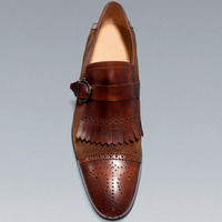 Handmade Brown Suede Outclass Finish With Combination Formal Monk Strap Shoes - Thumbnail 1