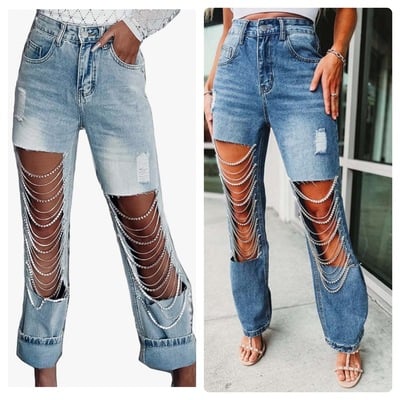 Rhinestone accent denim jeans-td - Thumbnail 2