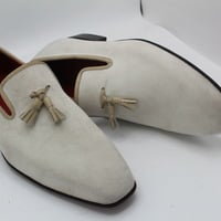  Crafted Leather Classic Men White Suede Leather Tassel Loafers Dress Shoes - Thumbnail 1