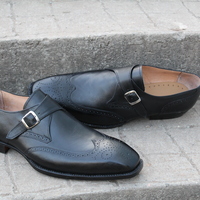 Crafted Leather Classic Black Leather Single Monk Strap Wingtip Oxford Dress Shoes - Thumbnail 1