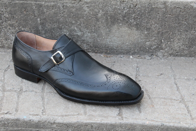 Crafted Leather Classic Black Leather Single Monk Strap Wingtip Oxford Dress Shoes