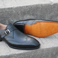 Crafted Leather Classic Black Leather Single Monk Strap Wingtip Oxford Dress Shoes - Thumbnail 2