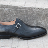 Crafted Leather Classic Black Leather Single Monk Strap Wingtip Oxford Dress Shoes - Thumbnail 3