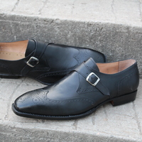 Crafted Leather Classic Black Leather Single Monk Strap Wingtip Oxford Dress Shoes - Thumbnail 4