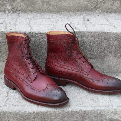 Crafted leather bespoke dress shoes classic burgundy leather ankle high lace up wingtip dress boot - Thumbnail 5