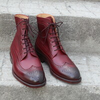 Crafted Leather Bespoke Dress Shoes Classic Burgundy Leather Ankle High Lace up Wingtip Dress Boot - Thumbnail 4